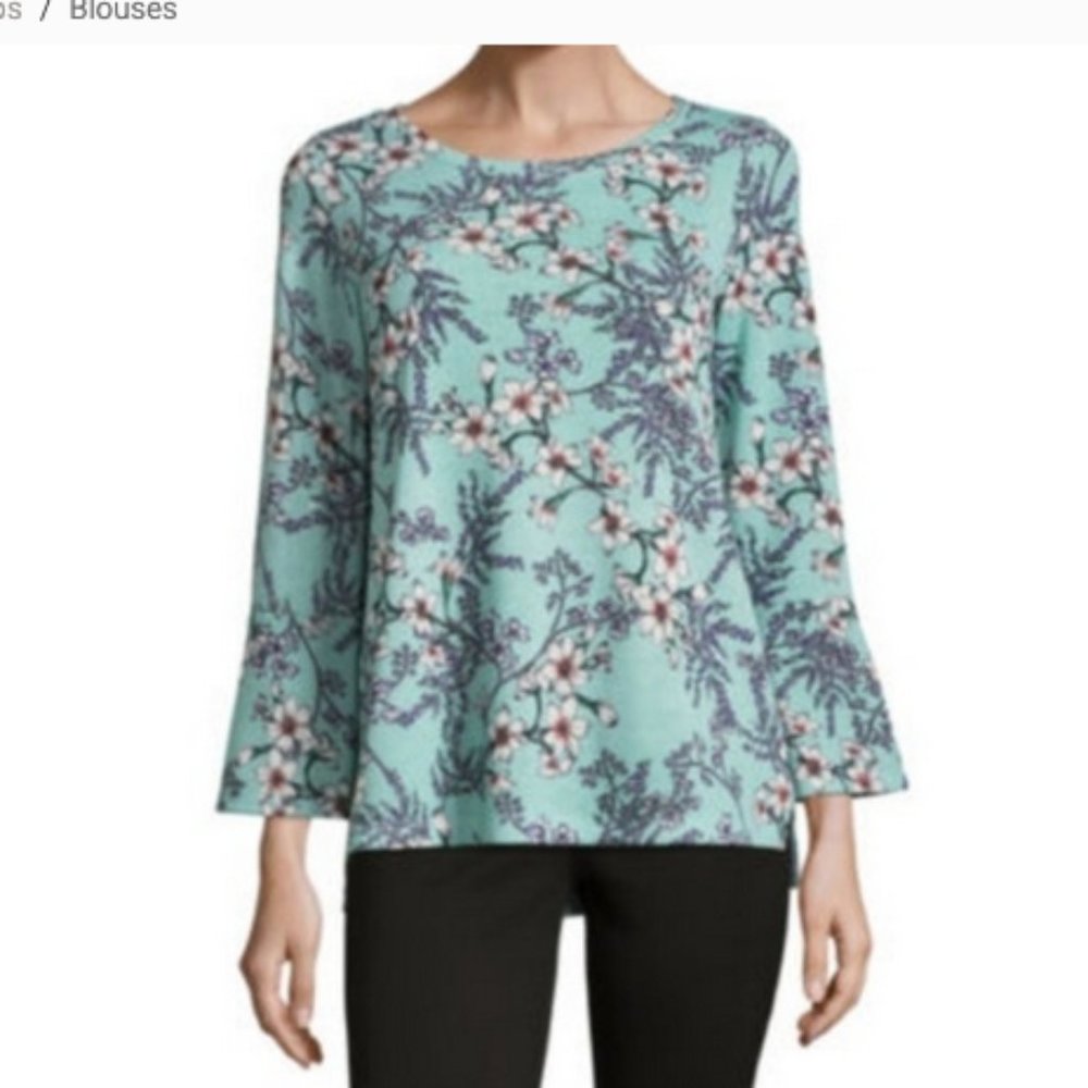 Liz Claiboren Mint Green Print Fluted Sleeve Top Large